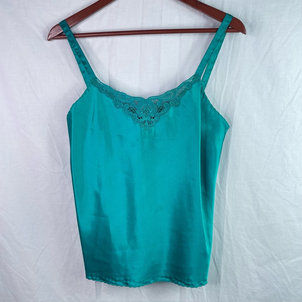 Vtg CHIC Womens Teens Pullover Lace Trim Cami Tank Cropped Top Size M Green Y2K